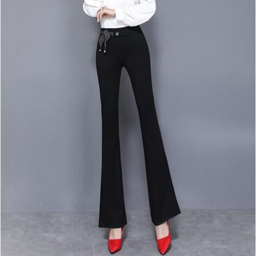 Vintage Long Flare Pants High Waist Trousers Bow Bandage Women Boot Cut Soft Slim Female Black Elastic Bell Bottom Trend New