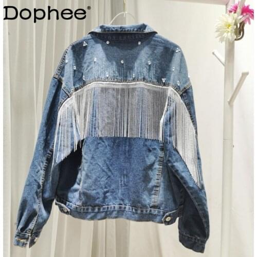 Hot Rhinestone Tassel Casual Long Sleeve Denim Jacket Womens Loose Oversized Coats 2021 Autumn Fashion Clothing Jean Jackets