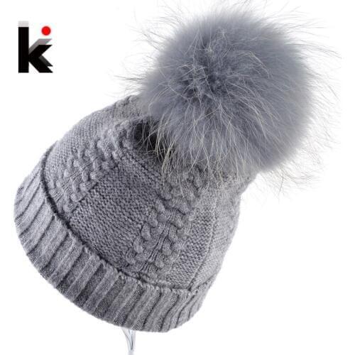2018 Womens Beanies 100% Raccoon Fur Pompom Ball Winter Beanie Knitted Wool Hat Skullies Cap Ladies Knit Hats For Women Bonnet