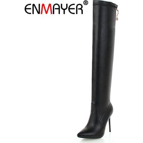 ENMAYER Woman Over The Knee High boots Winter Causal Pointed toe Slip on Stretch thigh High boots Slip on Black Size33-46 CR1476