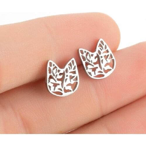 Fashion Jewelry Stainless steel Kitten Earrings Branch Sweet Cute Cat Ear Design Stud Earrings For Women Korean Style Wholesale