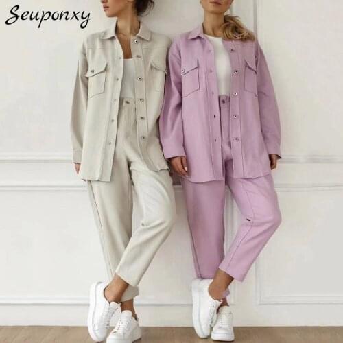 High Quality WomenS Loose Solid Color 2 Two-Piece Set 2021 Sexy Lapel Long-Sleeved Single-Breasted Jacket + Pants Casual Set