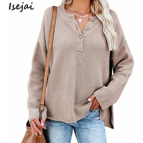 Button Knitting Oversized Sweater Womens Autumn Long Sleeve Pollovers Ladies Jumper Top 2021