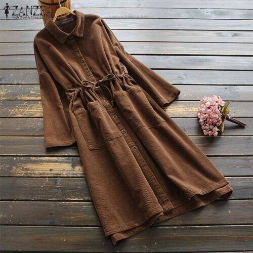 Vintage Corduroy Shirt Dress Womens Spring Sundress ZANZEA Long Sleeve Drawstring Vestidos Female Button Tunic Tops Cardigans