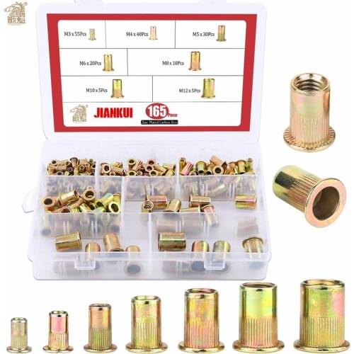 210/165/100pcs Box Carbon Steel Rivet Nuts Carbon Steel M3 M4 M5 M6 M8 M10 M12 Flat Head Rivet Nuts Set Hardware Parts