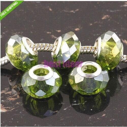 Free Shipping 50pcs Green AB plated Cut &Faceted Glass Beads Big Hole Fit European Charms Bracelet 14x8mm