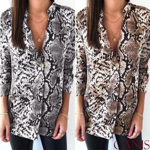 Women Snake Skin Print Tee Shirt Top Ladies Loose Button V Neck Blouse Size Casual Long Sleeve Fashion Ladies Chiffon Vintage