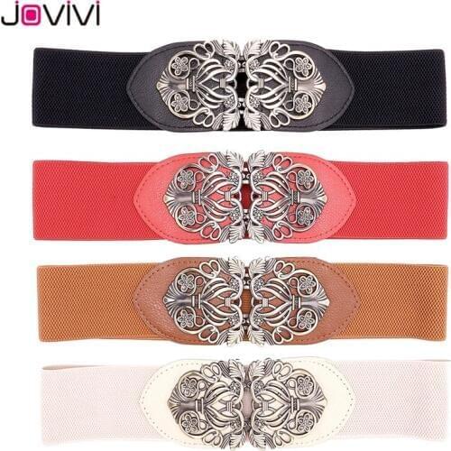 Jovivi High Quality Womens Fashion Elastic Belt Wide Stretch Cinch Retro Waistband Alloy Buckle Black/Red/Camel/Beige 4 Colors