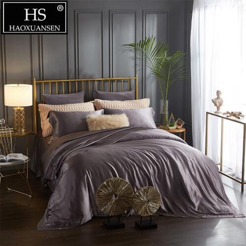 100% Mulberry Silk 4 Pcs Bedding Sets With Hidden Button Both Side 19 Momme Silk Sheet Quilt cover Pillow case King Size Grey
