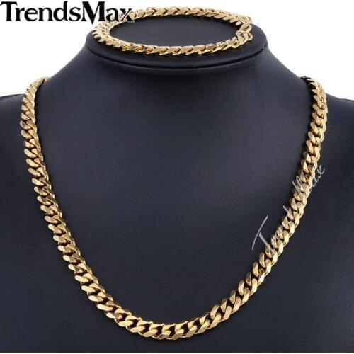 Trendsmax Brand Jewelry Set 9mm Gold/Black Color Men Chain Stainless Steel Necklace Bracelet Curb Link Fashion Hot KS200 KS202