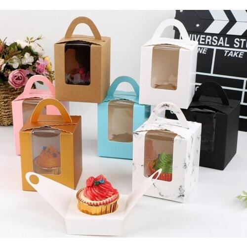 DABONAS 6pcs/lot Muffin Pastry Cake Box with Handle eco-friendly Paper Cupcake Holder Box Cake Packaging Box