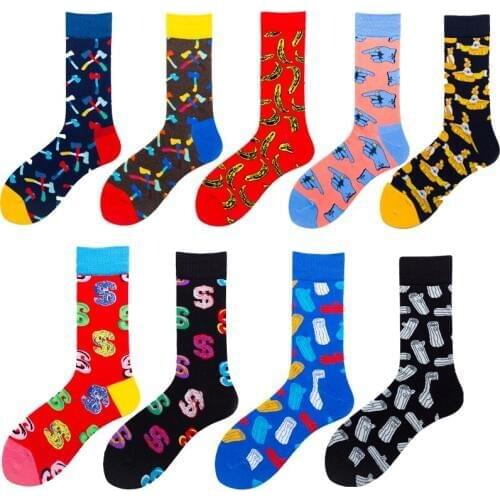 Men Cotton Soft Socks Fruit Banana Wood Money Hand Creative Colorful Happy Funny Socks Adult Casual Crew Socks Autumn Winter