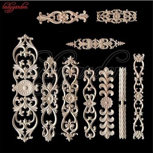 Unpainted Wood Oak Carved Wave Flower Onlay Decal Corner Applique for Home Furniture Decor Decorative Wood Carved Long Applique