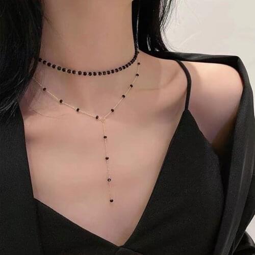 South Koreas new temperament black rhinestone collar necklace cold style double layered necklace ladies necklace
