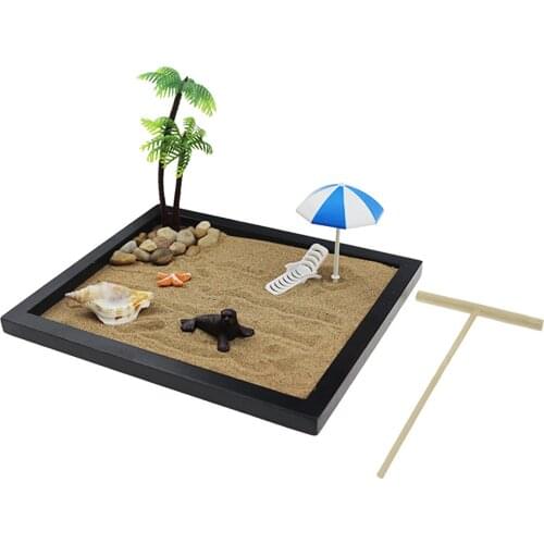 Ocean Beach Mini Zen Garden Sand Table Miniature Tree Statues for Stress Relief Home Desk Living Room Tabletop