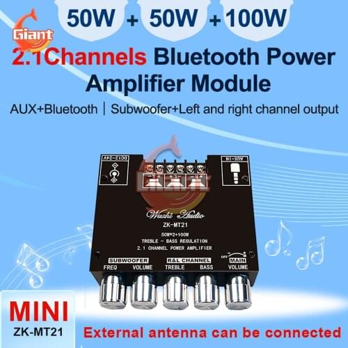MT21 Bluetooth 5.0 Subwoofer Amplifier Board 50WX2+100W 2.1 Channel Power Audio Stereo Amplifier Tone Board Bass AMP AUX 12V 24V