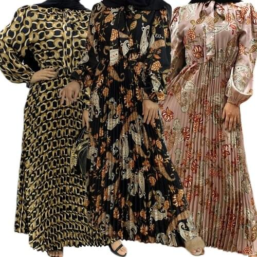 Printed Casual Long Dress Pleated Muslim Women Loose Long Sleeve Abaya Ramadan Islamic Maxi Robe Turkish Moroccan Kaftan Jilbab