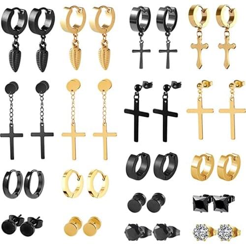 Stainless Steel Cross Earrings Mens Earrings Dangle Crystal Hinged Hoop Earrings Cross Earrings for Men Women Feather Huggie Hoo