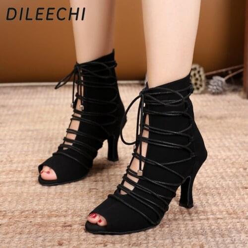 DILEECHI Latin Dance Shoes Ladies Dance Boots Salsa Tango Black Shoes Indoor Sports Professional Ballroom Dance Shoes heel 8cm