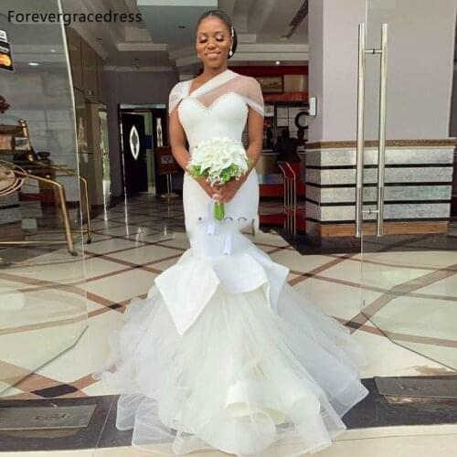 African Girls Short Sleeves Wedding Dresses Mermaid Beaded Garden Formal Bridal Gowns Tailor Made Plus Size Available