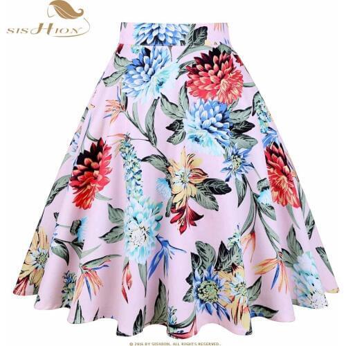 SISHION Cotton Design Women Skirts New Summer Light Pink Plant Flower Floral Print faldas mujer Tutu Vintage Swing Sexy Skirt