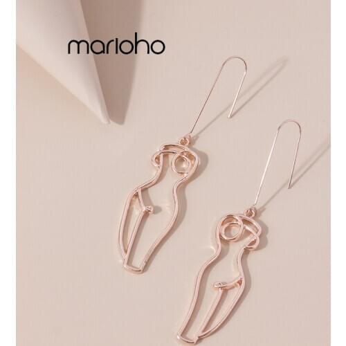Womens Gold Color Metal Irregular Human Shape Contour Drop Earrings Simple Abstract Geometric Hollow Earrings Jewelry Party