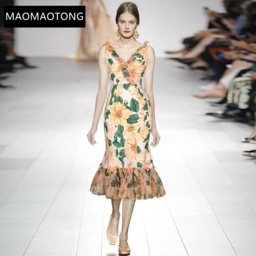 Fashion Designer Summer Mermaid Dress Womens Ruffles V-neck Camellia Floral Print Bohemia Holiday Midi Dresses