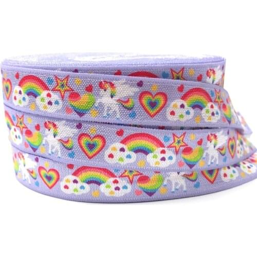 10 yards wholesale/OEM 5/8inch 15mm Rainbow unicorn on purple design folded over elastic FOE for hair tie free shipping