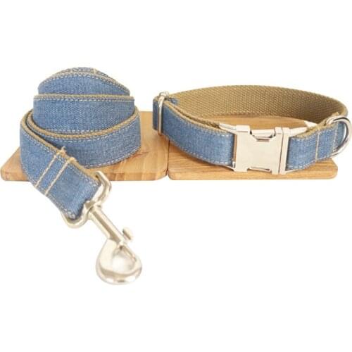 New Adjustable Jean Pet Collars Set Denim Dog Collar Leads Leash For Small Medium Puppies Dogs Cats Dog Chains Walking Belt
