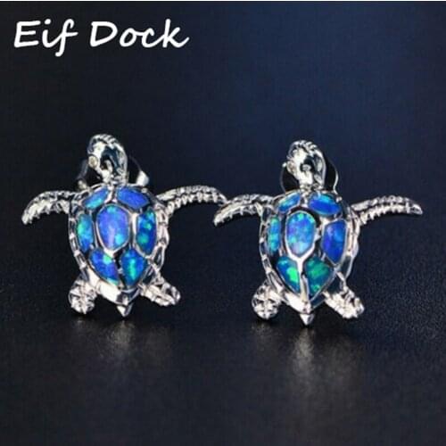 Eif Dock Blue/White Opal Sea Turtle Earrings For Women White Gold Fire Stone Stud Earrings Animal Jewelry Female Wedding Gifts