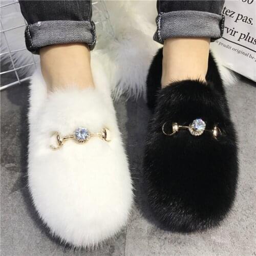 European Plush Shoes For Womens Outer Wear Winter Thick-Soled Plus Velvet Rhinestone 100% Mink Hair Flat-Soled Womens Shoes