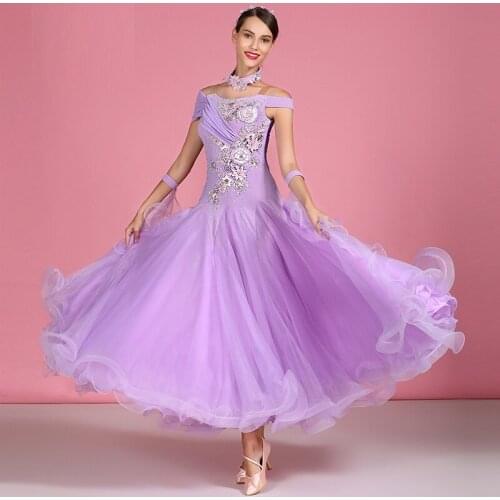 Purple ballroom competition dress women waltz dance costumes clothes for dancing dance wear short sleeves long dress fringe