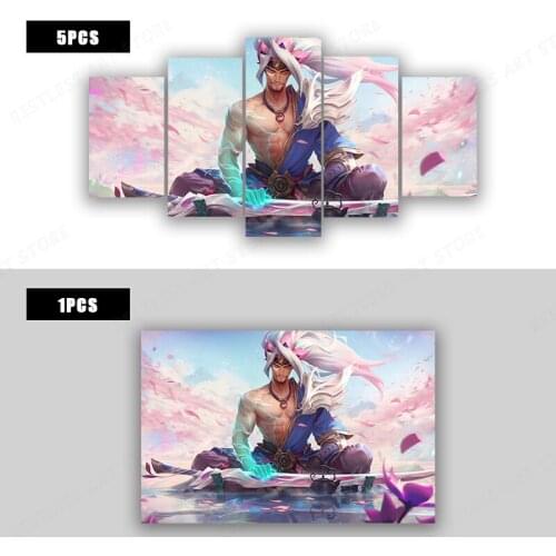 LOL Game Posters The Unforgiven Yasuo Spirit Blossom HD 5 Panels Bedroom Wall Painting Modern Art Drawing Room Decorative
