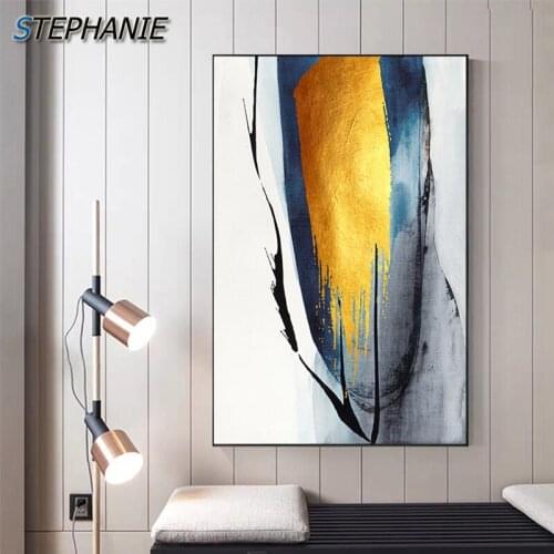 Unique Abstract Golden Blue Poster and Print Canvas Painting Cuadro Decorativo Big Wall Pictures for Living Room Gold Wall Art