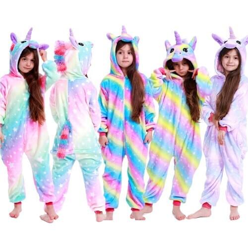 Girls Unicorn Kigurumi Kids Winter Sleepwear Flannel Cartoon Onesies Anime Panda Stitch Unicornio Pajamas Infant holiday Gift
