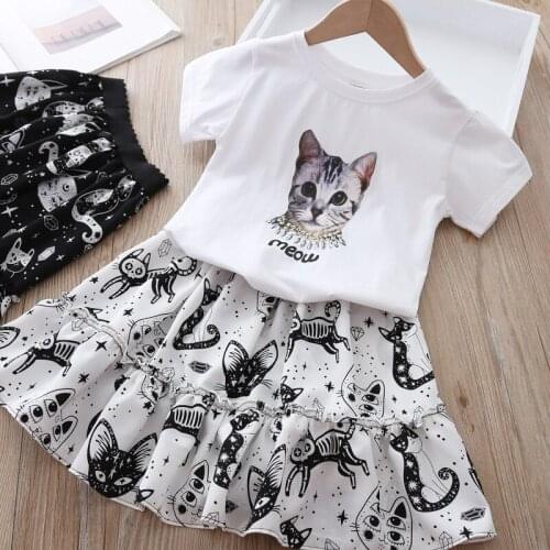 Girls suit cartoon cat print girls T-shirt short skirt two-piece suit girl clothes kids boutique clothing wholesale fall