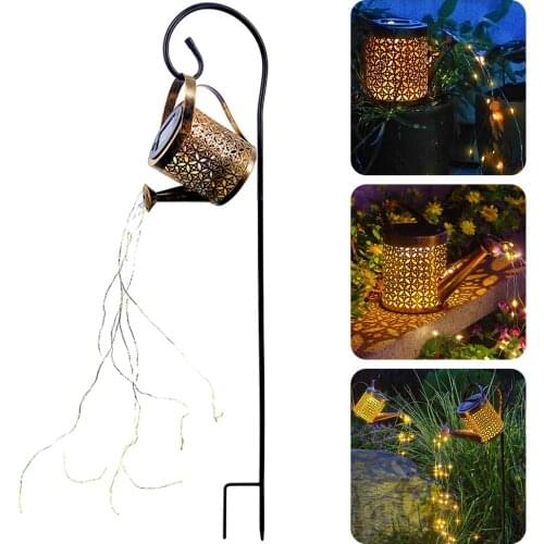 Wrought Iron Hollow Out Lamp Solar Powered Watering Can Sprinkles Fairy Shower Art Light Garden Decoration Waterproof Lawn Lamps