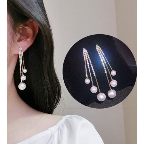 Fashion Long Tassel Simulated Pearl Earrings for Women Shiny Crystal Drop Dangle Earrings Wedding Party Jewelry Gift Oorbellen