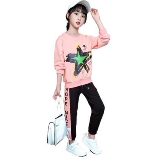 2020 new childrens Suit Girls set autumn graffiti with reflective strip sports suit 2 pieces of childrens suit