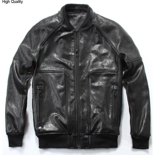 New arrivals mens natural sheepskin baseball black casaul genuine jacket autumn leather coat for men