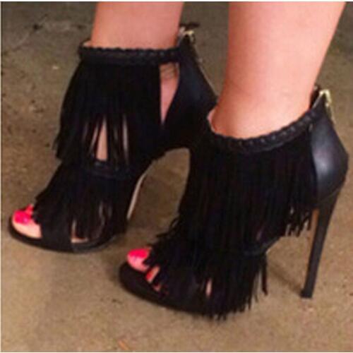 New Design Women Fashion Open Toe Tassels Gladiator Sandals Back Zipper-up Thin Heel Ankle Sandals Formal Dress Shoes