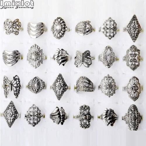 Wholesale 20pcs/Lots Mix Style Vintage Carved Flower Silver Plated Jewelry Rings For Women Size 16mm to 18mm