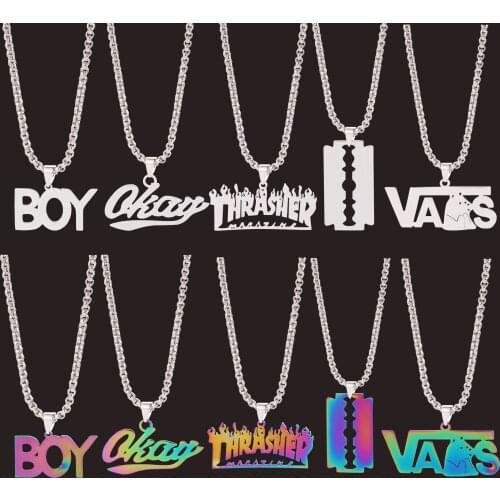 Magazine BOY Bear OKAY Razor Blade Flame Quenched Letter Pendant Necklace Hip-Hop Rock Street Rapper Jewelry Men Wholesale