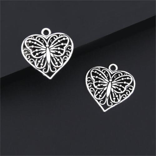 15Pcs Silver Color Heart Shaped Butterfly Charms Making Animal Pendant Necklaces Diy Jewelry Supplies 22X23mm A3187
