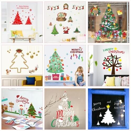 Merry Christmas Tree Wall Stickers For Kids Room Shops Show Window Glass Home Art Xmas Gift Pvc Decal Decoration Festival Mural