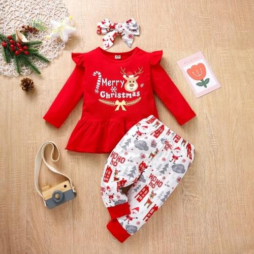 Merry Christmas Winter Newborn Baby Girl 3PCS Lounge Set Long Sleeve Babysuit & Pants Stripe Clothes Set Headband Kids Children