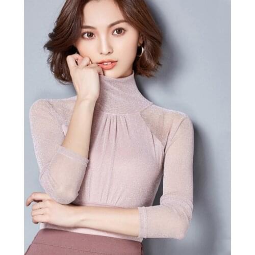 Autumn Spring Net Yarn Bottom Shirt Women Slim Long-sleeved Thin Top Blouses Ladies New Pure Color Elegant Shirts Clothes H9020