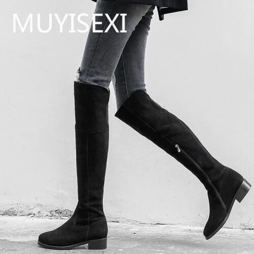 Thigh High Boots Black High Over the Knee Women Full Genuine Leather 3 cm Low Square Heel Warm Winter Antiskid LDI01 MUYISEXI