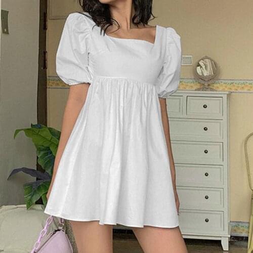 A-line Large Hem Dress Women Above Knee Square Collar Ties Puff Short Sleeve Mini Dress for Summer party wear White xxl vestidos