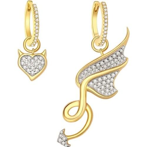 SLJELY Fashion Real 925 Sterling Silver Yellow Gold Color Asymmetry Demon Wings Earrings Pave Cubic Zirconia Women Brand Jewelry